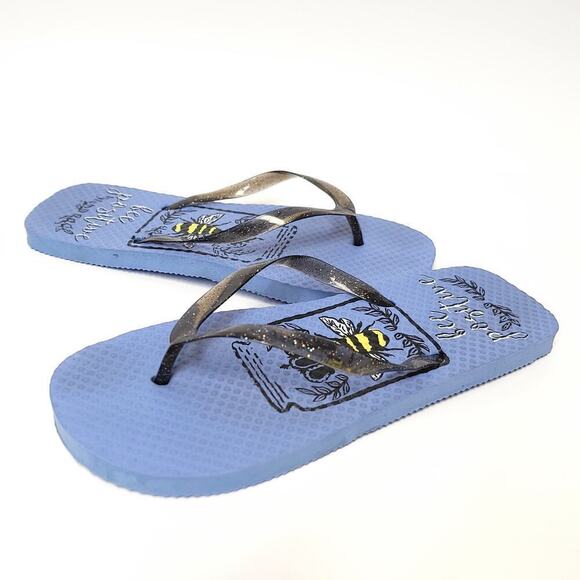 Bee Positive Flip Flops Size 5 / 6 Blue Glitter Straps Black Foam​ - Picture 1 of 12